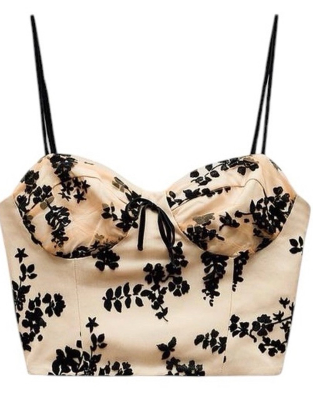 Silk-Feel Beige Floral Bustier Crop Top with Black Straps